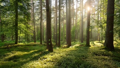 Fototapeta premium beautiful sunny morning in green forest