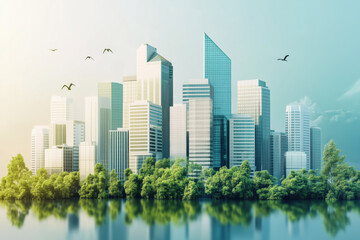 Modern city with skyscrapers and green area.