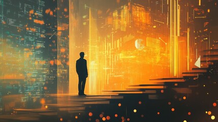 Fototapeta premium Silhouetted outline of an upward-spiraling bar chart rising through transparent layers of glowing graphs and scattered abstract data shapes