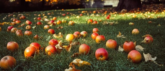 Golden apples rest among fallen autumn leaves on lush green grass, sprinkled with sunlight cutting through the canopy.