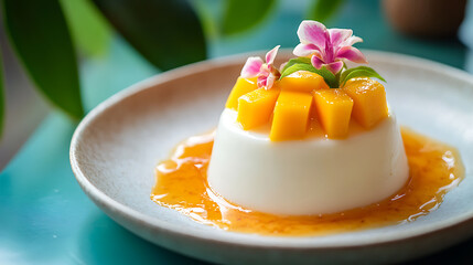 Dessert of fried milk jelly with mango, nata de coconut
