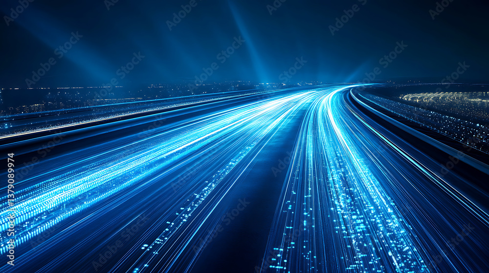 Poster abstract road with blue light trails, data transfer speed and digitization concept