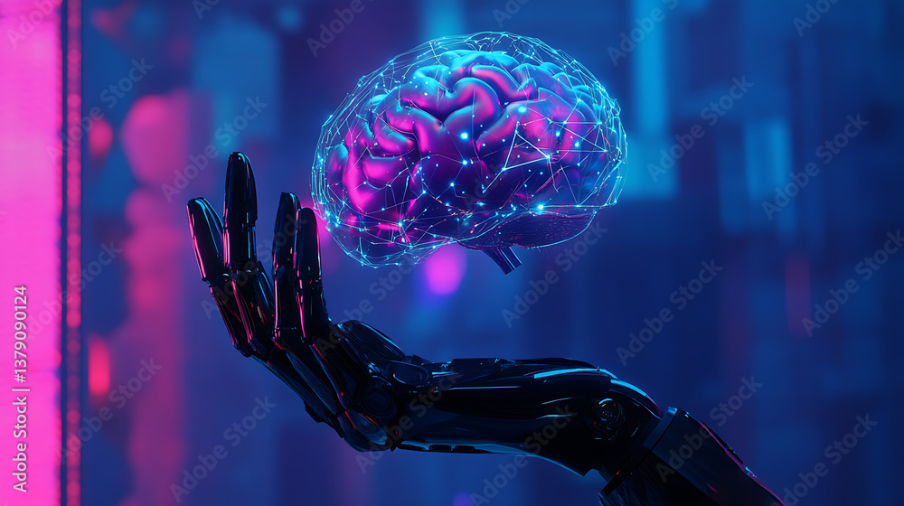 Aufkleber robot hand holding brain hologram with connection lines, illustration