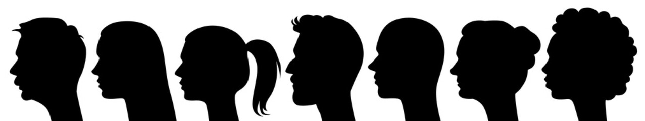 Vector set of diverse side view black head silhouettes of different people.