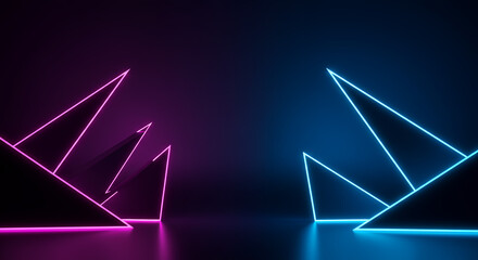 Fototapeta premium Neon Geometric Glow: Abstract Blue & Pink Pyramid Lights - Futuristic Tech, Modern Wallpaper, Dark Background, Art, 3D Render