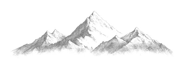 Mountain range in halftone stipple gradient, with grainy noise, abstract dotted snowy cliff, pointillist grunge texture overlay. Mounted landscape in retro half tone vector illustration.