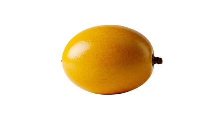 Close up of a single bright yellow fruit with a stem on a black background in studio lighting