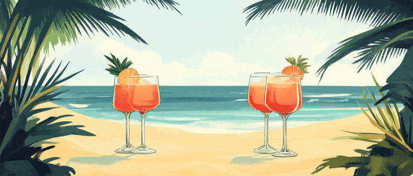 Refreshing tropical cocktails under palm trees by the beach on a sunny day