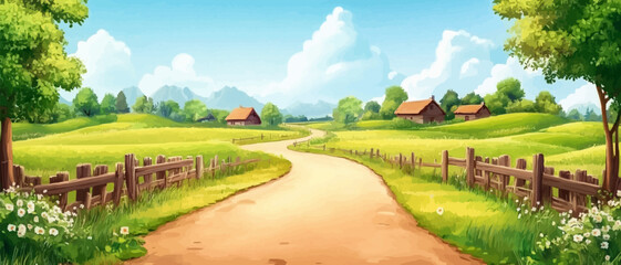 Rural road to village farm and agriculture field