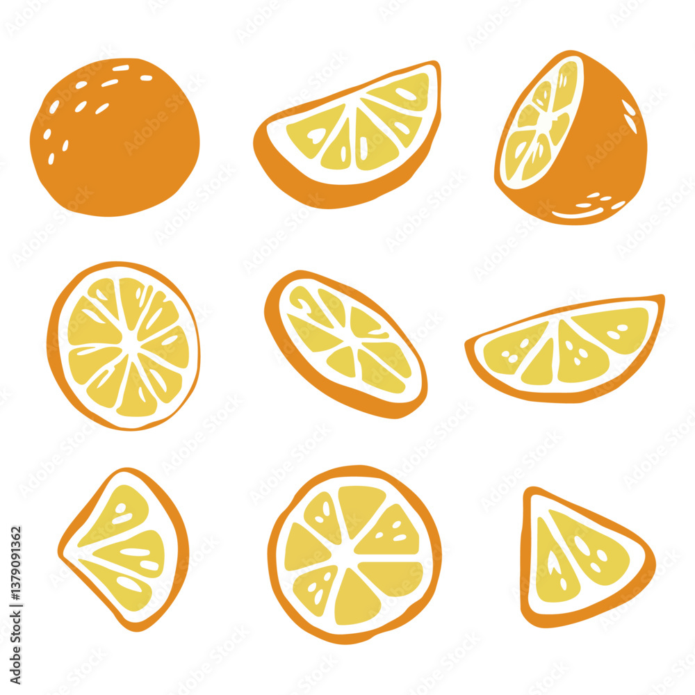 Poster The image features a pattern of orange slices and whole oranges against a white background. The oranges are depicted in a simple, cartoonish style.