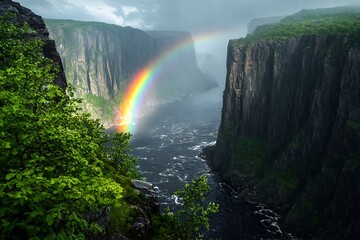 Fototapeta premium A scenic fjord surrounded by steep cliffs and lush greenery, highlighted by a striking rainbow appearing as the rain begins to clear.