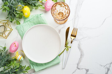 Easter food or table setting on white background.