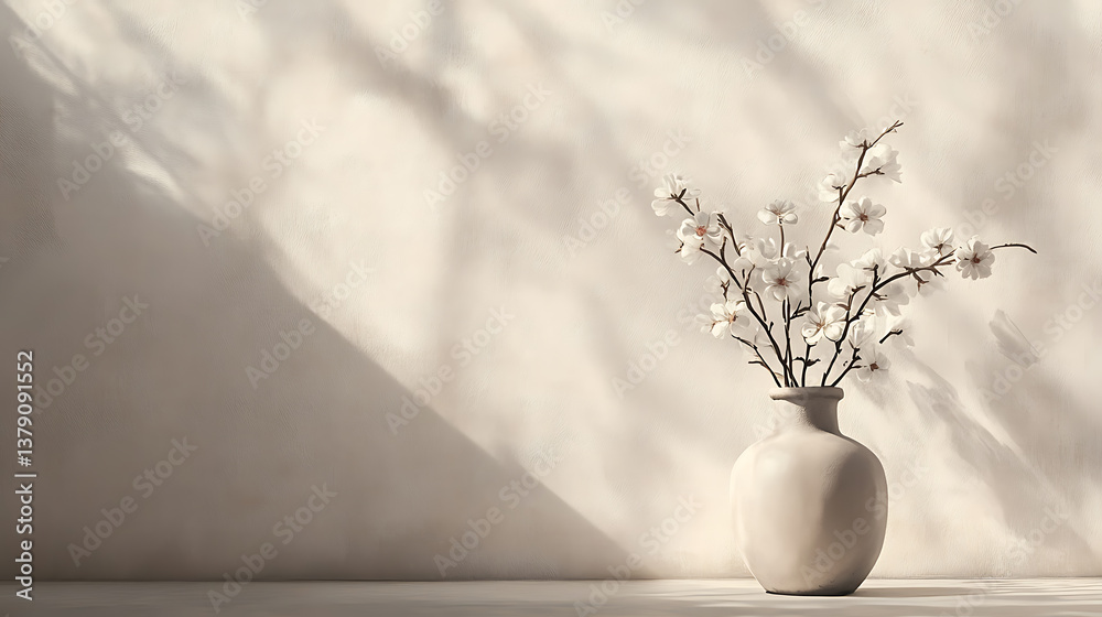 Aufkleber drawing with vase of flowers with light reflection on it, set against an empty wall background, aest