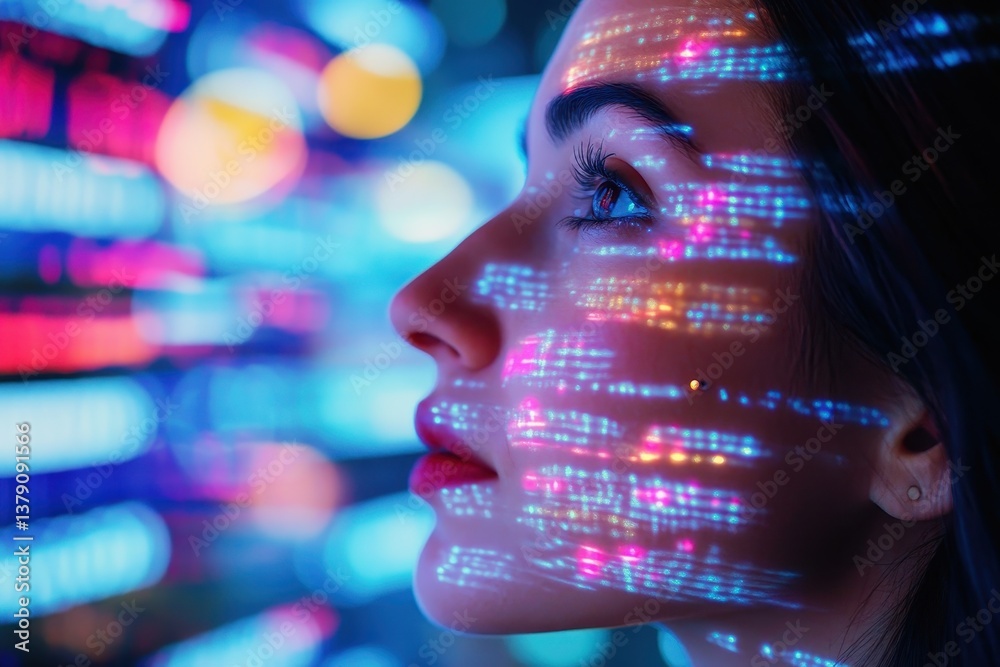 Poster a womans face is illuminated by bright and colorful lights creating a vibrant and striking visual di