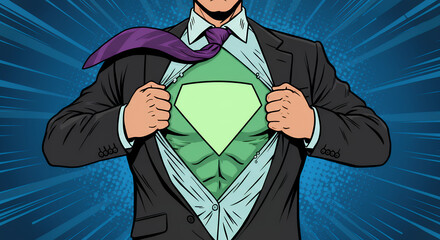 Superhero Reveal: Businessman Unveiling Hero Within! Pop Art Illustration of Transformation, Power, and Inner Strength.