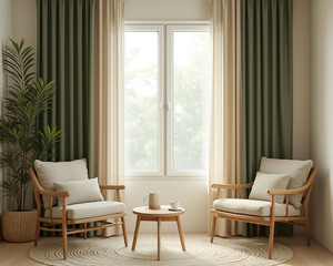 two beige armchairs with wooden frames around a coffee table in a sunlit room