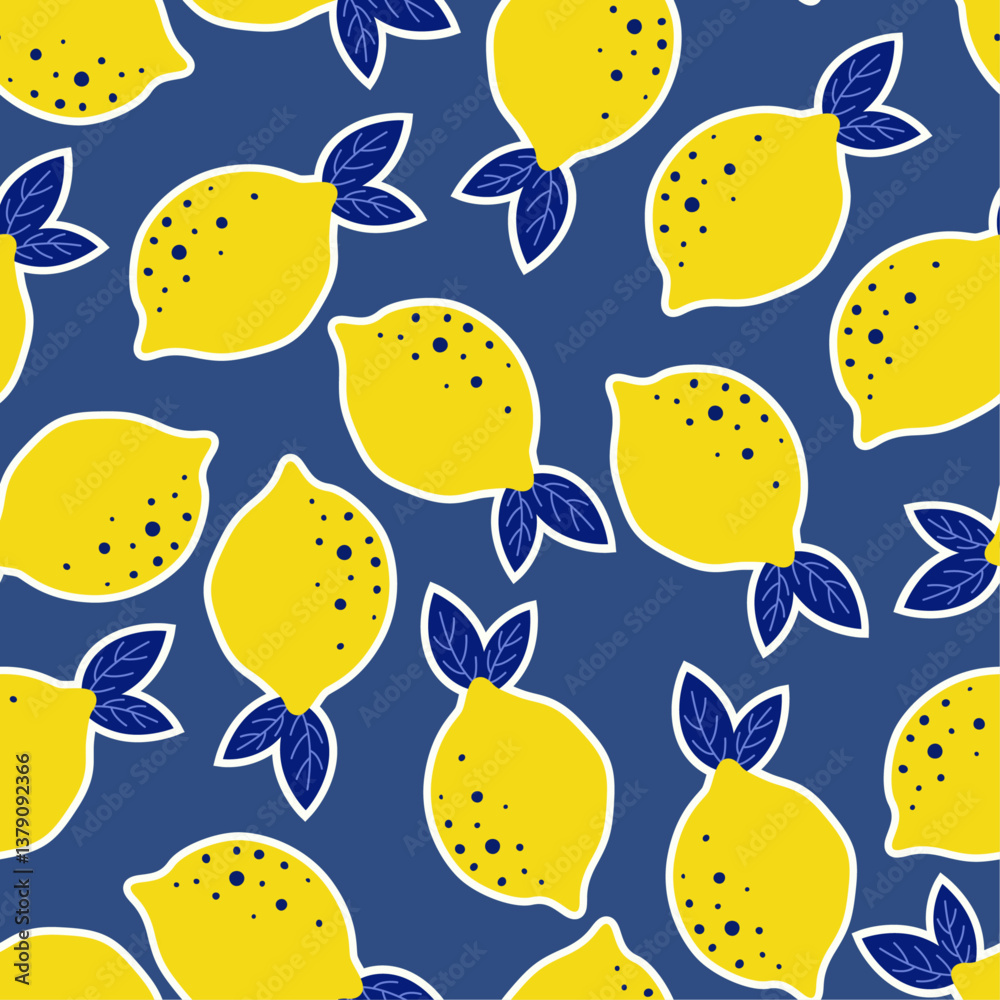 Leinwandbilder the image features a repeating pattern of yellow lemons with dark blue leaves. the lemons are styliz
