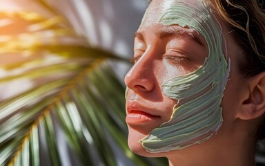 Woman with face mask in sunlight, enjoying skincare routine. Serene spa day. Natural beauty, wellness, and relaxation in natural lighting.