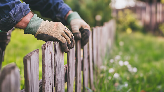 Person in gloves repairing wooden fence in garden