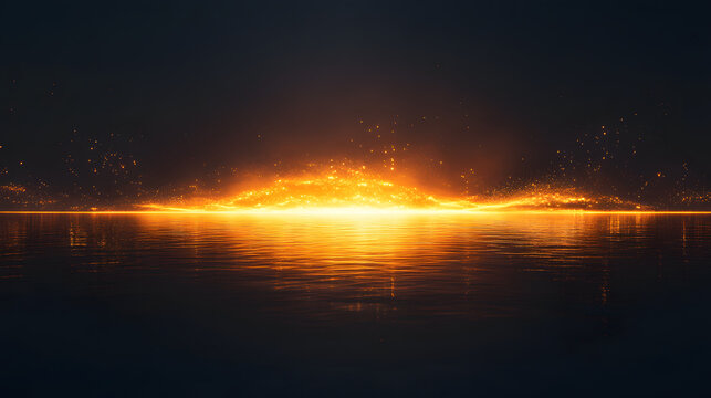 Glowing Orange Horizon with Sparkling Lights Over Calm Ocean for Mystical Night Seascape Illustration