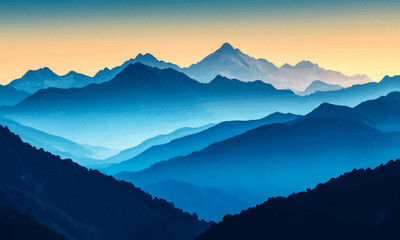 Obraz premium Majestic mountain range bathed in the golden glow of sunrise, deep blue skies and crisp air enhancing the scene, perfect for adventure or travel branding