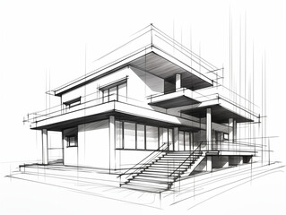 Black and white pencil sketch. Villa house project. Two floor building with balcony. Engraving style. Isolated on white background. Generated by ai