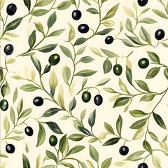 A seamless tile pattern featuring olive branches with green and black olives intricate leaf details and delicate stems set against a soft cream background The