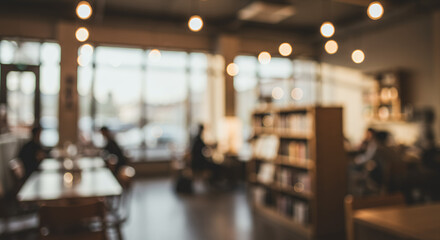 Coffee Shop Ambiance: Blurred Cafe Interior with Warm Lighting and Cozy Atmosphere for Study, Reading, or Relaxing