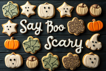 Obraz premium assorted halloween-themed cookies arranged on a dark wooden surface featuring a playful message that reads say boo scary