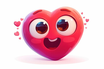 Pink cartoon 3D heart character with big eyes and happy facial expression isolated on white background.