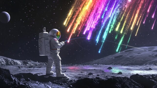Astronaut Fishing for Rainbow Meteors on the Lunar Surface