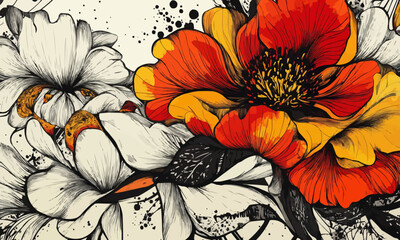 Vibrant floral illustration with bold black outlines on a white background, intricate details enhancing the modern botanical design