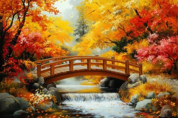 A wooden bridge spans a rushing stream surrounded by vibrant autumn foliage A bridge over a bubbling stream surrounded by crimson and gold trees .