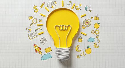 Idea Bulb: Creative Thinking, Innovation & Solutions. Unleash Your Potential! Conceptual Yellow Lightbulb with Doodle Icons on Grid Paper.