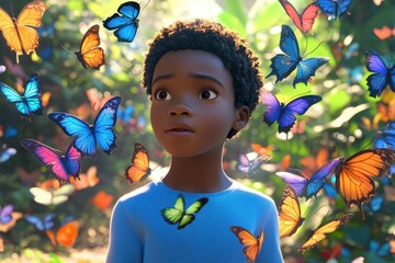 A young AfroAmerican boy stands surrounded by colorful butterflies in a garden Developing visually stunning animations for educational videos .