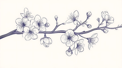 Elegant line drawing of a spring cherry blossom branch, illustration for invites and cards
