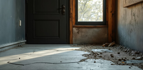 rustic interior with unfinished concrete floor sand and stones