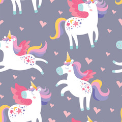 Childrens magic unicorn pattern. Cute seamless ornament hand drawn with unicorns, hearts.