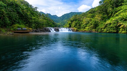 Digital Detox Retreats, A serene landscape featuring a tranquil river and waterfall surrounded by lush greenery and mountains under a clear blue sky.