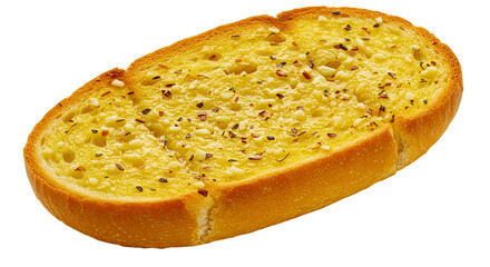 A single slice of garlic bread with herbs on a black background in a close up studio shot view