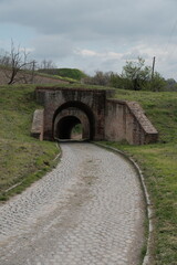 Cobbled path leads through a brick tunnel in Petrovaradin Fortress, Novi Sad, Serbia. Captured in 2025, this historic military passageway evokes travel, history, and timeless architecture.