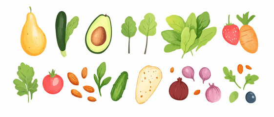 various healthy food, including fruits and vegetables, nuts, seeds, avocado. Flat lay, top view.