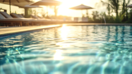 Fototapeta premium Empty poolside surface with summer travel hotel swimming pool background