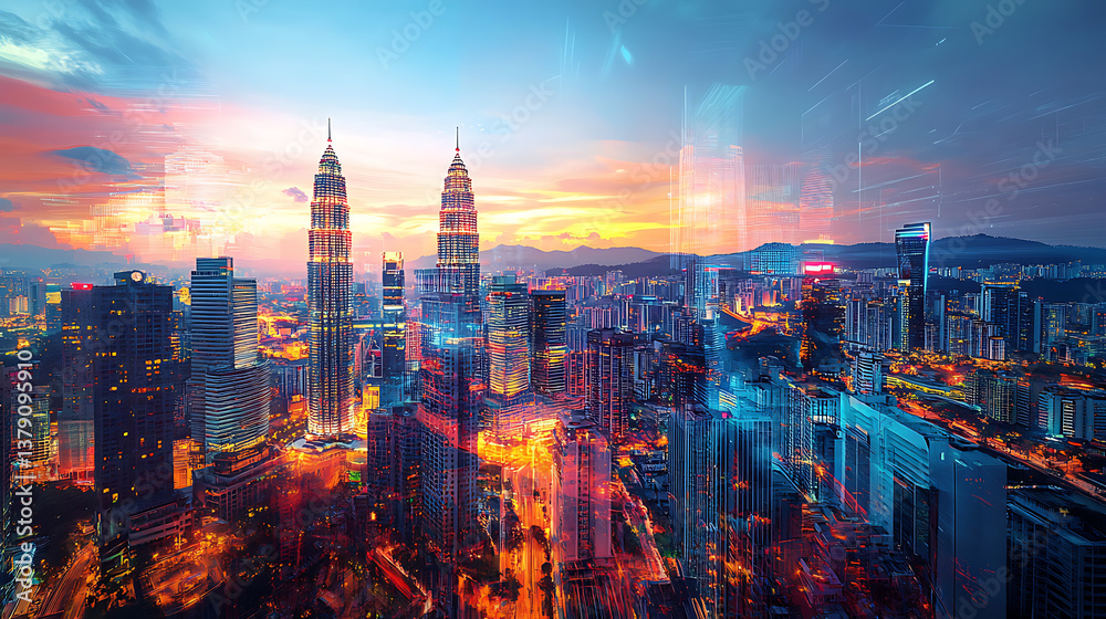 Aufkleber an abstract technology hologram featuring a panoramic view of kuala lumpur at dusk in malaysia and a