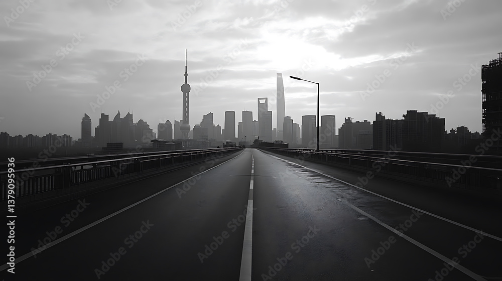 Poster shanghai cityscape with empty road and skyline in the distance