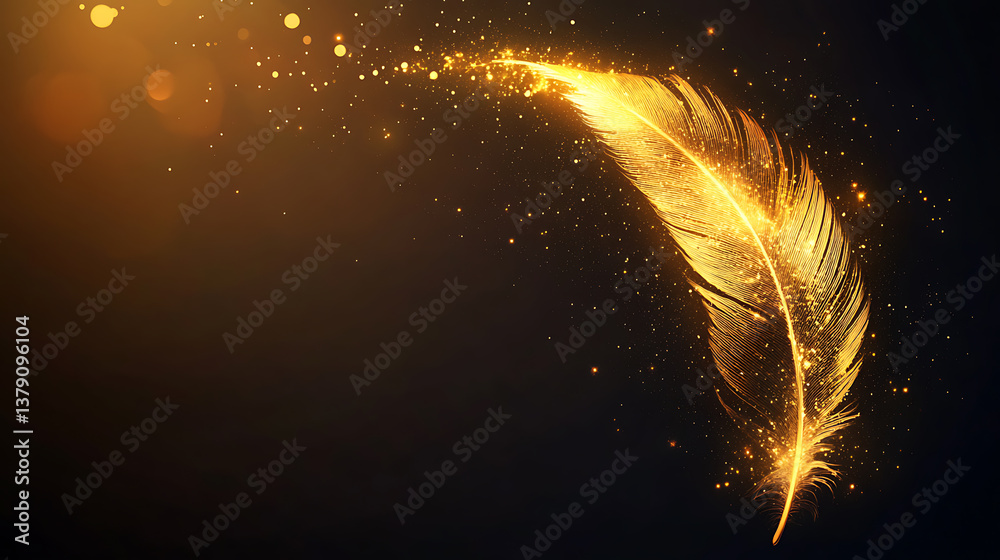 Poster shiny single golden feather with spark of light on dark background, illustration