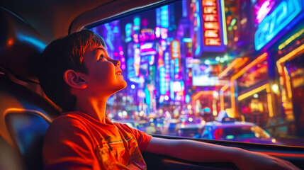Fototapeta premium Excited Young Boy is Sitting on Backseat of a Car, Commuting Home at Night. Looking Out of the Window with Amazement of How Beautiful is the City Street with Working Neon Signs.