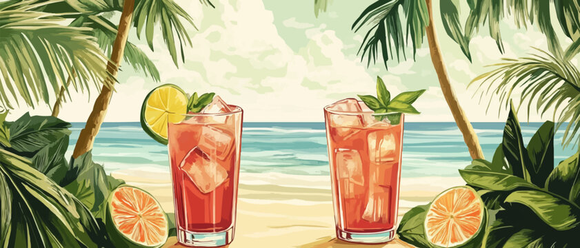 Refreshing tropical cocktails under palm trees by the beach on a sunny day