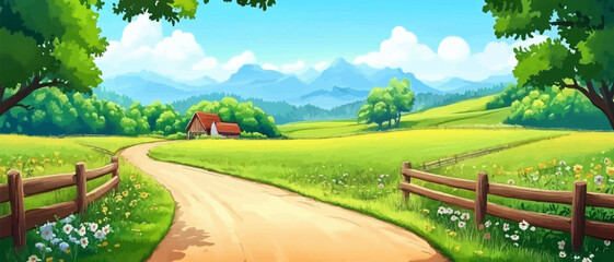 Rural road to village farm and agriculture field