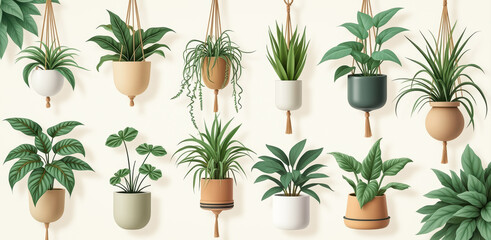 assortment of hanging and standing potted plants with lush green foliage